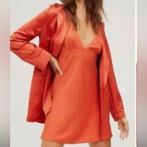 Free People Satin Silk Viscose Orange Rust Tailored Long Blazer Jacket Sz Medium